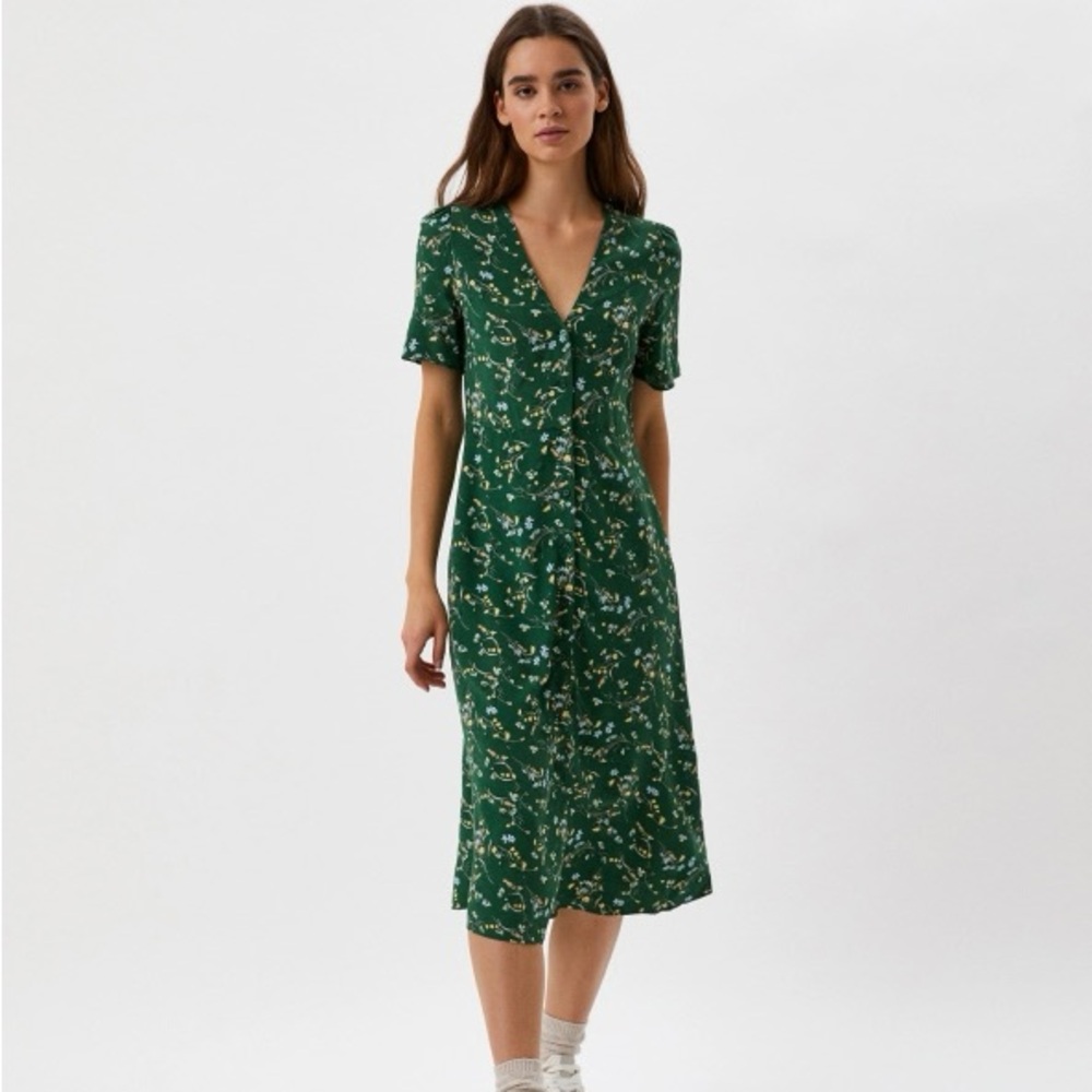 Uniqlo Green Floral Button Down Tea Dress With Pockets Size X Small